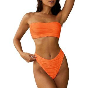 ZAFUL Orange Textured Bandeau Bikini Two Piece Cheeky Lace up Swimsuit MEDIUM 6